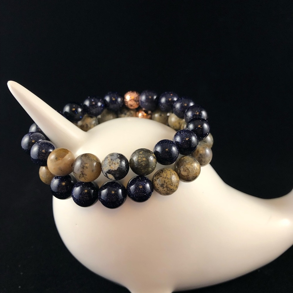 Blue goldstone and dendritic agate bracelets